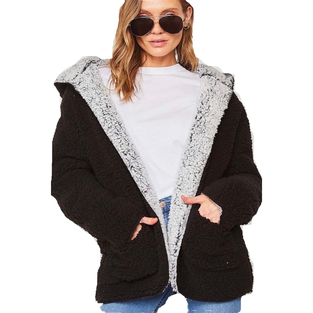 BEAUTIFUL REVERSIBLE BLACK / GRAY SHERPA COAT - Picture 2 of 5